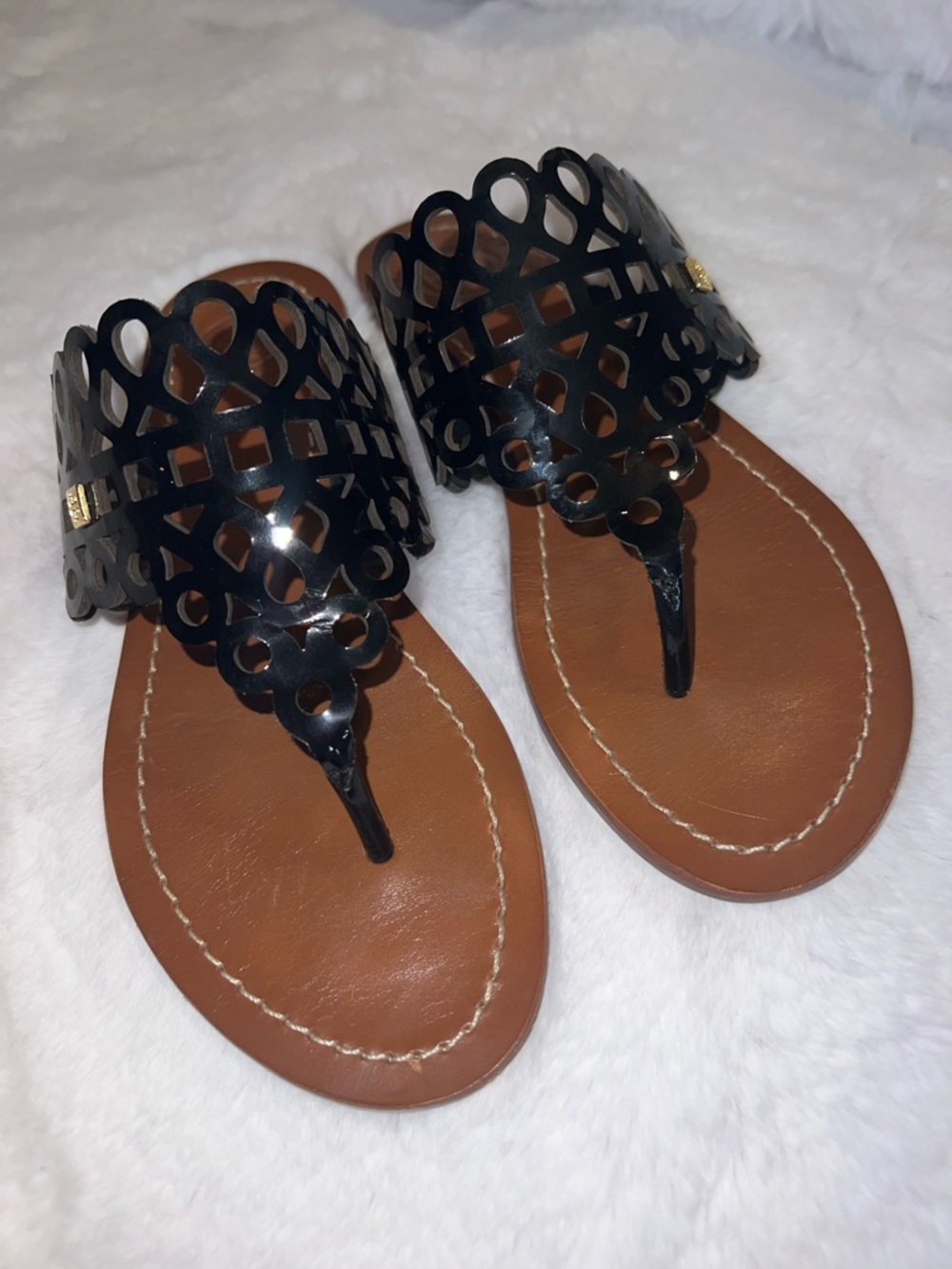 Tory Burch Black Laser-Cut Thong Sandals with Brown Footbed